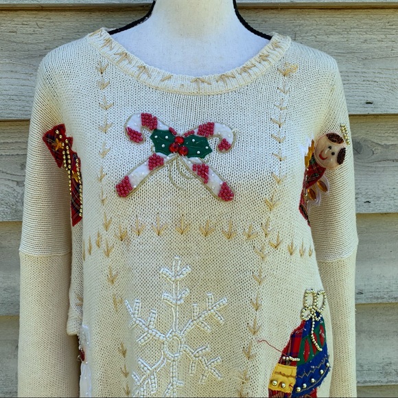 Vintage 90s White Patchwork Appliqué Long Sleeve Crewneck Ugly Christmas Sweater - Picture 7 of 16